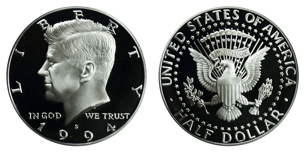 Side-by-side comparison of a circulated 1994 half dollar versus a gem MS67 example showing surface quality difference