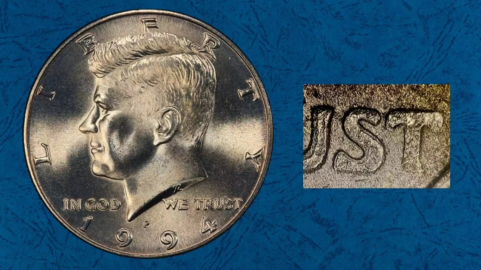 1994 Kennedy half dollar broadstrike error showing coin spread wider than normal with no collar rim